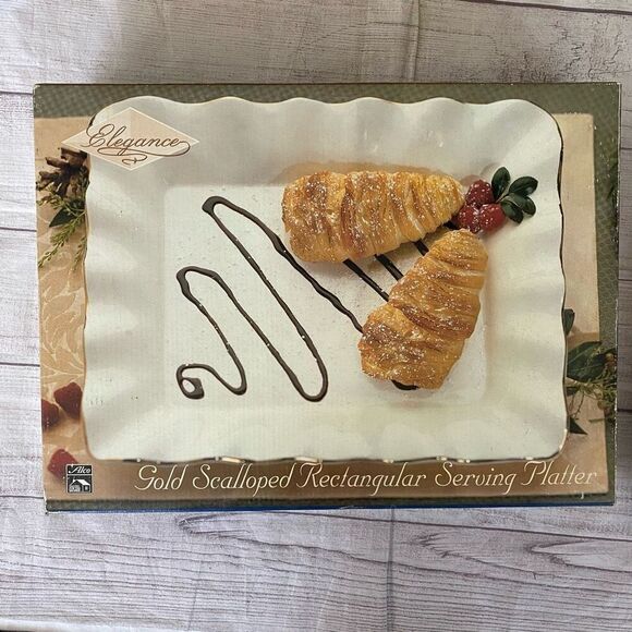 Alco gold scalloped rectangular serving platter 13.5”x11.5” while w/gold trim - Picture 1 of 7